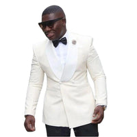 Shawl Lapel Double - Breasted Ivory Wedding Groom Tuxedos Men Suits Wedding Prom Dinner Best Man Blazer - SAKLIC