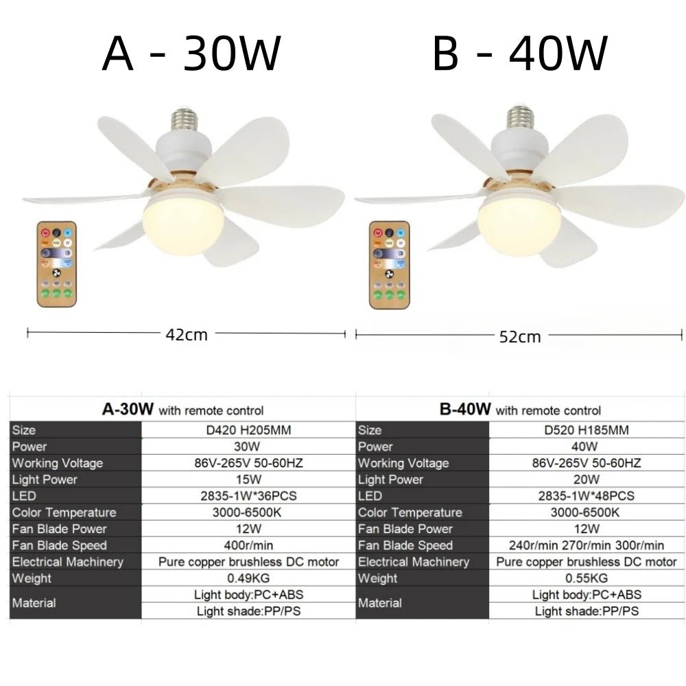 Socket Fan Lamp 30W/40W E27 Base Wireless Remote Control LED Ceiling Fan Replacement for Bedroom Living Room Kitchen Balcony - Tkbeel