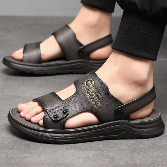 Super fiber leather sandals for men in summer 2024, latex pad dual - purpose beach shoes for men, casual soft sole, anti slip, ext - SAKLIC