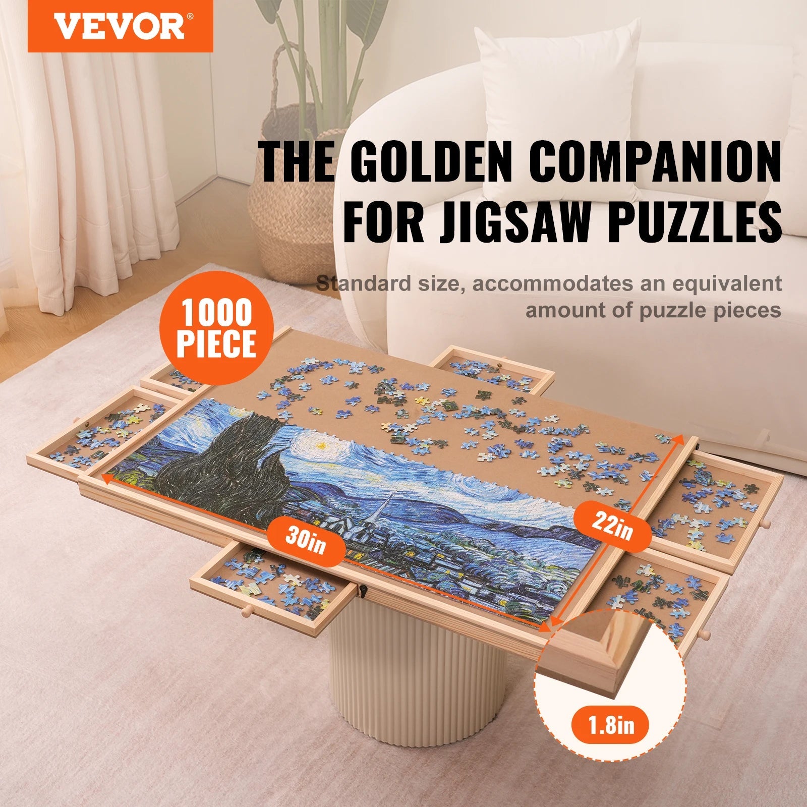 VEVOR 1000 Piece Puzzle Board 23"x22" Wooden Jigsaw Puzzle Table with Covers and 6 Storage Drawers for Adults and Kids - Tkbeel