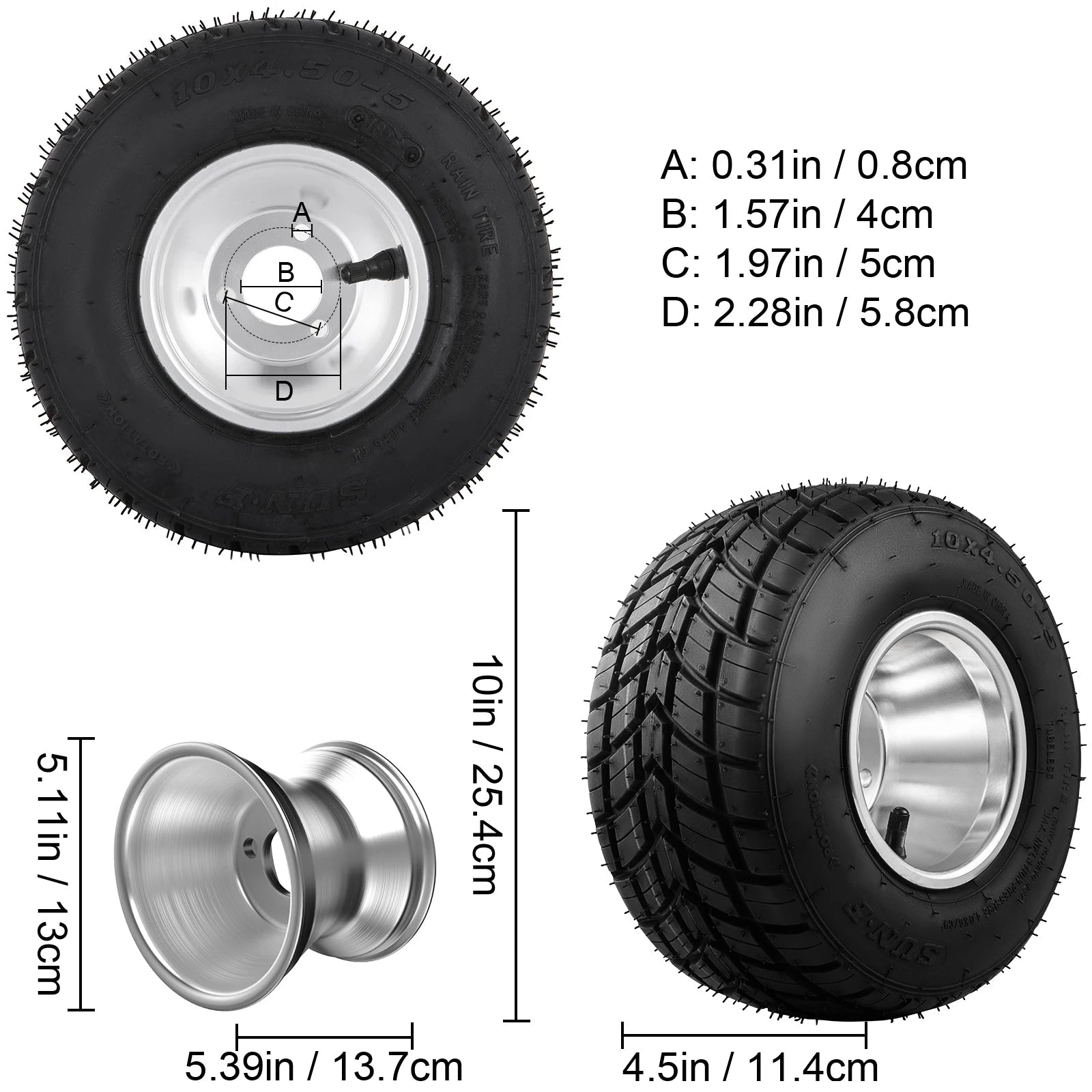 VEVOR Go Kart Tires and Rims, 2pcs Front Tires Rims, Go Cart Wheels and Tires 10"x 4.50" Front, HUB - Rim Fit Bolt Pattern 58 mm - SAKLIC