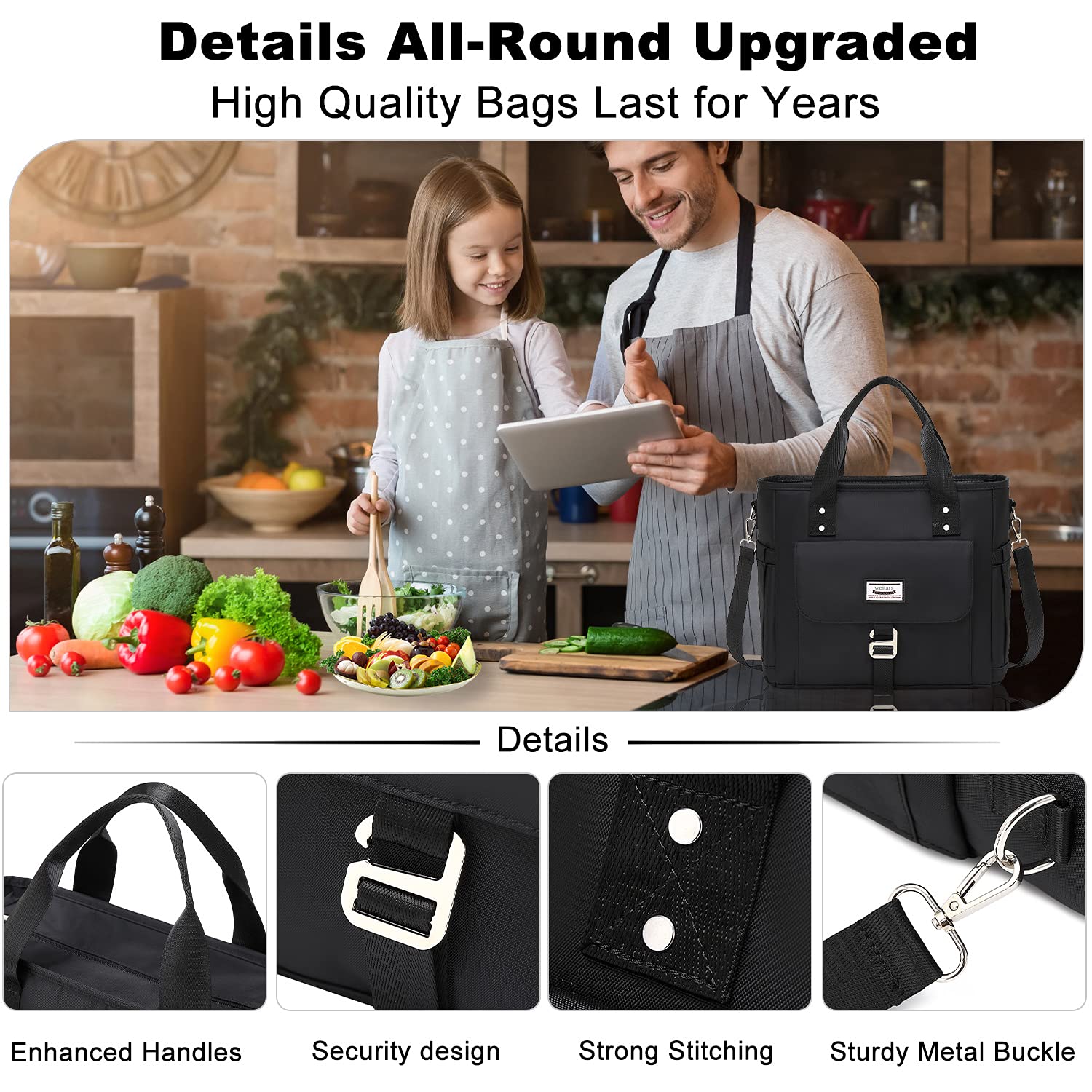 Weitars Insulated Lunch Bag for Men Women,Leak Proof Lunch Box for Work,Extra Large Lunch Tote Bag with Removable Shoulder Strap with Side Pockets,Reusable Lunch Cooler Purse for Picnic Hiking - SAKLIC