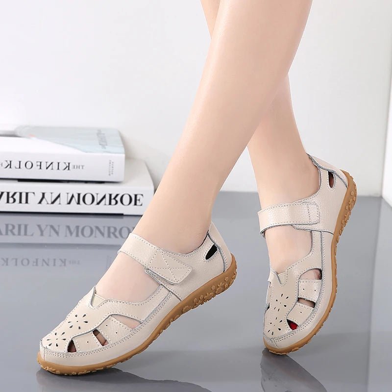 Women Ladies Female Mother Genuine Leather Shoes Gladiator Summer Beach Cool Hollow Soft Hook Loop Sandals - SAKLIC