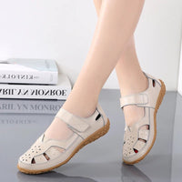 Women Ladies Female Mother Genuine Leather Shoes Gladiator Summer Beach Cool Hollow Soft Hook Loop Sandals - SAKLIC