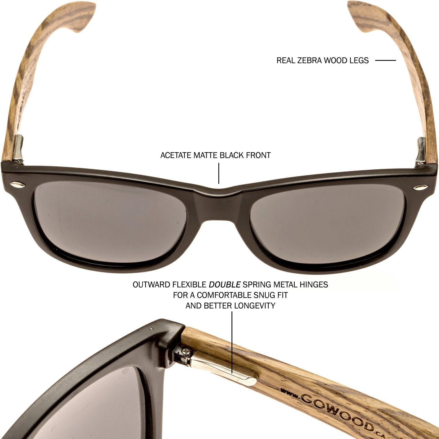 Zebra wood classic style sunglasses with black polarized lenses - SAKLIC